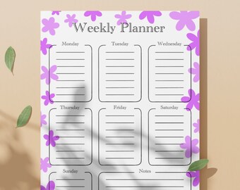 Weekly planner Purple Flowers, Digital Download, printable, A4, organized, notes to do, Cute floral planner