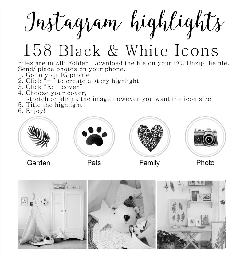 158 Black and White Instagram Story Highlights Watercolor Etsy