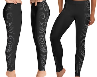 Ori Active Polynesian Workout Clothes Maori / Samoan Tribal Tattoo print Long Leggings - 6 couleurs et Plus Taille disponible avec 2 largeurs de bande