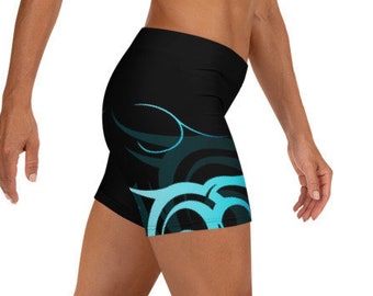 Ori Active Polynesian Workout Wear - Abstract Tropical Wave Pattern Hawaiian Women's Crossfit / Athletic Shorts - Vibrant Blue & Black Print