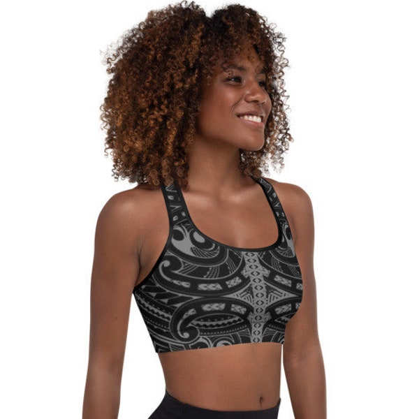 Ori Active Polynesian Workout Clothing Maori / Samoan Tribal Tattoo Padded Athletic Sports Bra - Gray and Black Hawaiian Quality Activewear