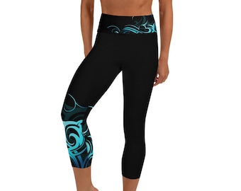Ori Active Polynesian Workout Clothing - Abstract Wave Pattern Tropical Hawaiian Athletic wear Crop / Capri Leggings - Vibrant Blue & Black
