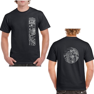 Ori Active Men&#39;s Hawaiian Short Sleeve Heavy Weight Cotton T Shirt with Polynesian Samoan Tribal Tattoo Print - Mahina Coll  sizes up to 5XL