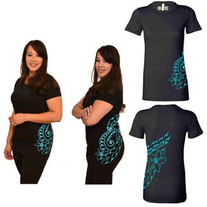 Ori Active Polynesian Active Wear and Workout Clothes Junior&#39;s Short Sleeve T-Shirt - Double Plumeria Hawaiian / Samoan Tribal Tattoo Design