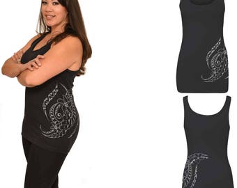 Ori Active Polynesian Workout Clothes - Women's Athletic Wear Spandex Jersey Tank - Triple Plumeria Hawaiian / Samoan Tribal Tattoo Design