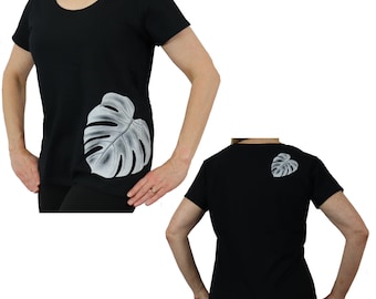 Ori Active Polynesian / Hawaiian Athletic Wear - Women's Short Sleeve Semi Fitted Scoop Neck Shirt with Tropical Monstera Leaf Fern Print