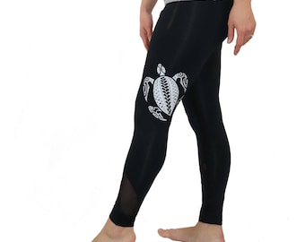 Vêtements d'entraînement polynésiens Ori Active - Honu (tortue de mer verte hawaïenne) Samoan Tribal Tattoo print Yoga Pants Mesh et poche zippée