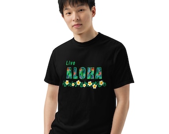 Live Aloha Tropical Floral Hawaiian Camiseta unisex teñida en prenda de peso pesado