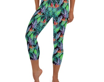 Ori Active Polynesian Activewear Tropical Bird of Paradise Flower Hawaiian Floral print Workout Crop / Capri Leggings - Vibrant Colors