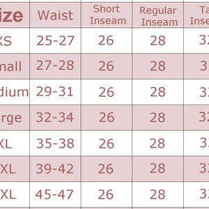 Peut inclure: Tableau des tailles avec mesures de taille et d'entrejambe pour les tailles XS &agrave; 3XL. Les tailles de taille varient de 63,5 &agrave; 119,4 cm, avec des longueurs d'entrejambe de 66, 71 et 81 cm. Le tableau est pr&eacute;sent&eacute; dans un format de tableau.