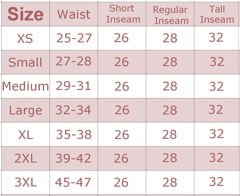 Peut inclure: Tableau des tailles avec mesures de taille et d'entrejambe pour les tailles XS &agrave; 3XL. Les tailles de taille varient de 63,5 &agrave; 119,4 cm, avec des longueurs d'entrejambe de 66, 71 et 81 cm. Le tableau est pr&eacute;sent&eacute; dans un format de tableau.