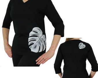 Ori Active Polynesian Active Wear - Women's 3/4 Sleeve Semi Fitted V-Neck Premium Jersey Tee with Tropical Hawaiian Monstera Leaf Fern Print