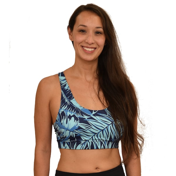 Ori Active Polynesian Workout Clothes - Tropical Fern Strappy Hawaiian Print Athletic Sports Bra with Removable Cups