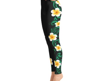 Ori Active Polynesian Workout Clothes - Tropical Floral Plumeria Flowers Hawaiian Print Yoga Leggings - Plus Sizes Available Vibrant Colors