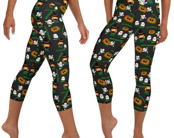 Ori Active Polynesian Activewear Hawaiian Print Halloween Capri / Crop Yoga Legging Wide Band - Happy Hulaween  6 Colors  Ghosts, Pumpkins