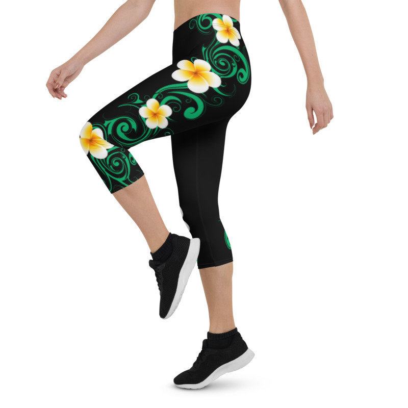 Ori Active Polynesian Workout Clothing - Plumeria Floral Pattern Tropical Hawaiian Print Athletic wear Crop  Capri Leggings - Vibrant Colors