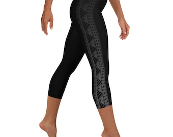 Ori Active Hawaiian / Polynesian Workout Clothes - Maori / Samoan Maunakea Tribal Tattoo Crop Capri Athletic Yoga Pants Casual or Gym Wear