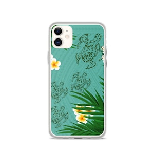 Honu (Hawaiian Sea Turtle) Polynesian Tattoo print iPhone Case with Tropical Flowers Plumeria & Fern  12 11 Pro Pro Max 7 8 plus SE XR X XS