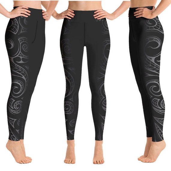 Ori Active Samoan Maori Fusion Tribal Tattoo Print Long Yoga Pants Leggings  Short Inseam Available Sizes up to 3XL Polynesian Workout 