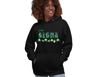 Live Aloha Floral Tropical Hawaiian Unisex Hoodie with Front Pocket