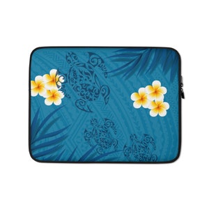 Honu Print (Hawaiian Green Sea Turtle) Tribal Tattoo and Plumeria with Ferns Laptop, Ipad, Tablet Sleeve Case Holder from Ori Active