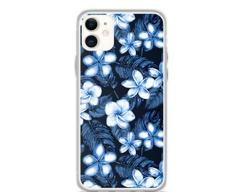 Blu Plumeria Fiori tropicali e felce stampa hawaiana Floreale iPhone Case 11 12 13 (Pro Pro max Mini) 7 8 più SE XR, X, XS, Xs max