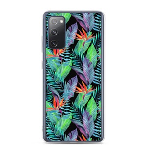 May include: A clear phone case with a tropical print featuring vibrant green, blue, purple, orange, and red leaves and flowers on a black background.