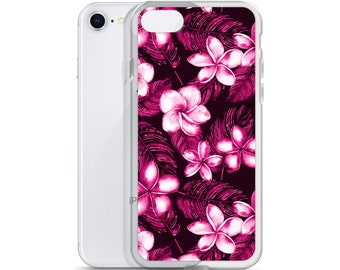 Pink Plumeria Tropical Flowers and Fern Hawaiian print Floral iPhone Case 11 12 13 14 (Pro Pro max Mini) 7 8 plus SE XR, X, XS, Xs max
