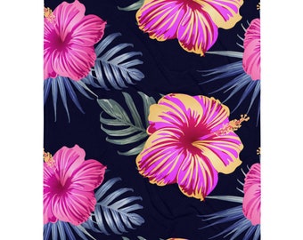 Jasnoróżowe kwiaty hibiskusa i paproć / liście Hawajski nadruk Tropikalny kwiatowy supermiękki koc - Rozmiar - 50" X 60"