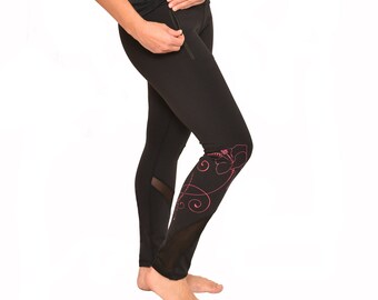 Ori Active Polynesian Workout Clothing - Hawaiian Pink Hibiscus Tattoo Yoga Pants / Leggings with Mesh accents and zippered pocket