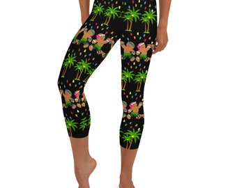 Ori Active Christmas in Hawaii Crop / Capri Yoga Workout Leggings Polynesian Athletic Clothing - Lighted Palm Trees & Gingerbread Men Design