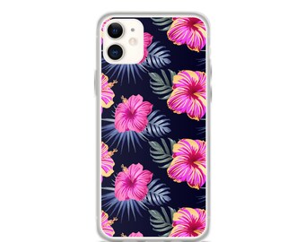 Pink Hibiscus Tropical Flowers and Fern Hawaiian print Floral iPhone Case 11 12 13 (Pro Pro max Mini) 7 8 plus SE XR, X, XS, Xs max