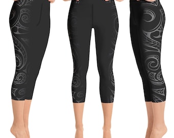 Ori Active Polynesian Workout Clothes - Malosi Samoan-Maori Fusion Tribal Tattoo Crop / Capri Yoga Pants - sizes up to 2XL Hawaiian Leggings