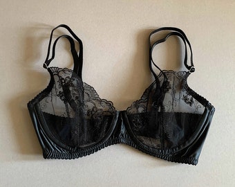 Satin lingerie, Sexy black bra, Boudoir lingerie set, Gift for her, Lace embroidered lingerie, Custom underwear