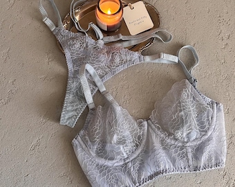 Sky blue bustier lingerie | Embroidered lingerie set | Sensual strappy thong | Custom underwear | Something blue gift | Boudoir lingerie