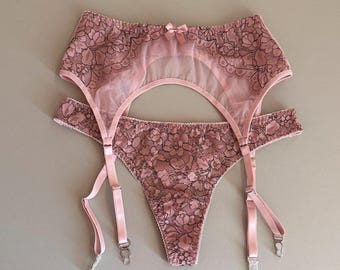 Pink lace lingerie, Garter belt and panty set, Bustier boudoir underwear, Sensual undergarments