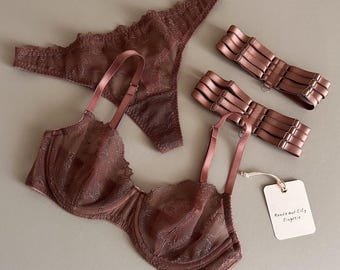 Brown lace lingerie, Embroidered bra and panty set, Sensual intimate apparel, Boudoir gift