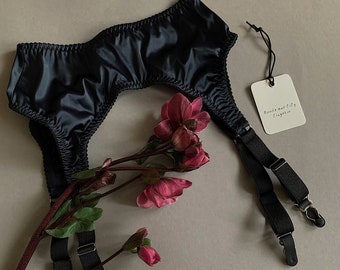 Satin garter belt lingerie | Sexy black lingerie for stockings | Boudoir gift for her | Custom underwear | Satin panties and suspender belt