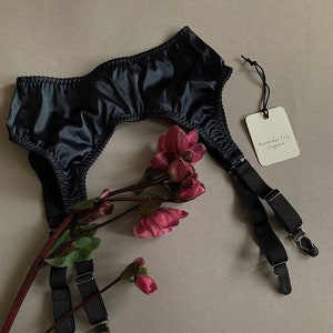 Satin garter belt lingerie | Sexy black lingerie for stockings | Boudoir gift for her | Custom underwear | Satin panties and suspender belt
