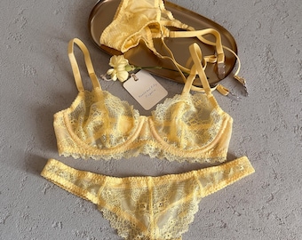 Conjunto de lencería amarillo mantequilla, sujetador y liguero de encaje romántico, regalo sensual para ella.