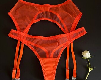 Mesh orange garter belt lingerie, Sensual transparent lingerie set, Custom sexy gift for her, Burnt orange sheer bra and strappy thong set