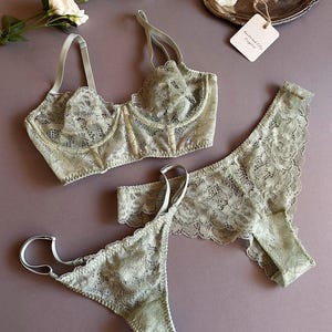 Green lace lingerie, Bustier and panty set, Seductive gift for her, Custom underwear