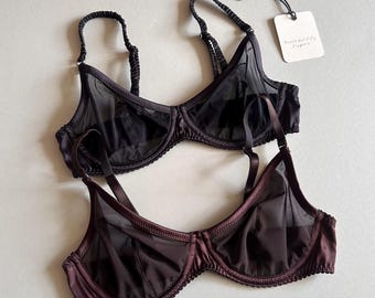 Sujetador de satén marrón, lencería negra de malla, ropa interior personalizada, sujetador transparente, regalo seductor