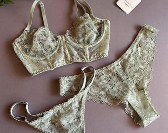 Green lace lingerie, Bustier and panty set, Seductive gift for her, Custom underwear