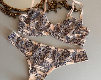 Beige lace lingerie, Boudoir bra and panty set, Custom underwear, Alluring intimate apparel gift