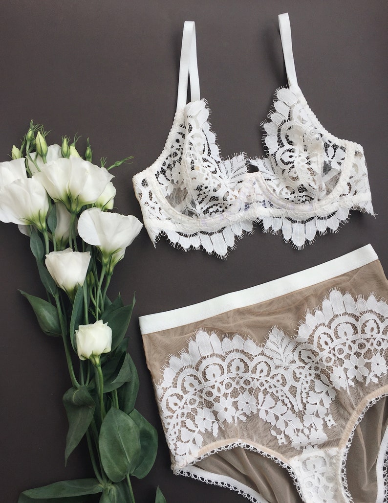 White bohemian lingerie set, Bohemian lace lingerie, Wedding lingerie, Whit...