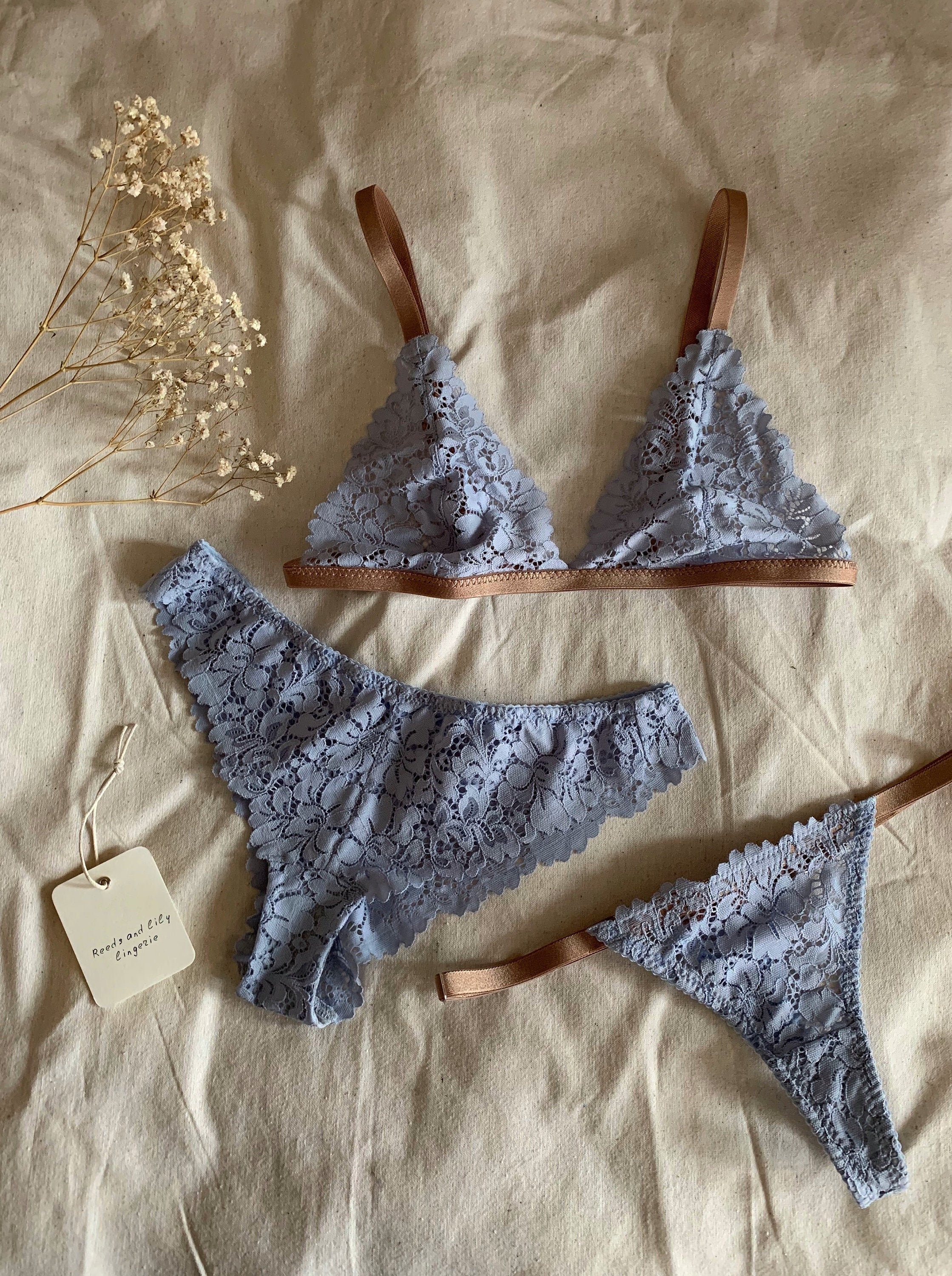 Sexy Sky Blue Lingerie Set, Women's Tanga Bikini and Lace Bralette