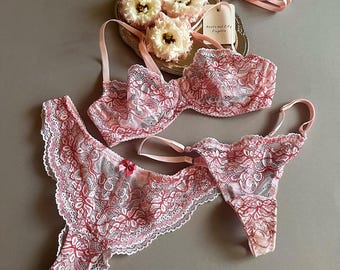 Pink lace lingerie, Bra and panty lingerie set, Tanga style panties, Pink strappy panties, Custom underwear