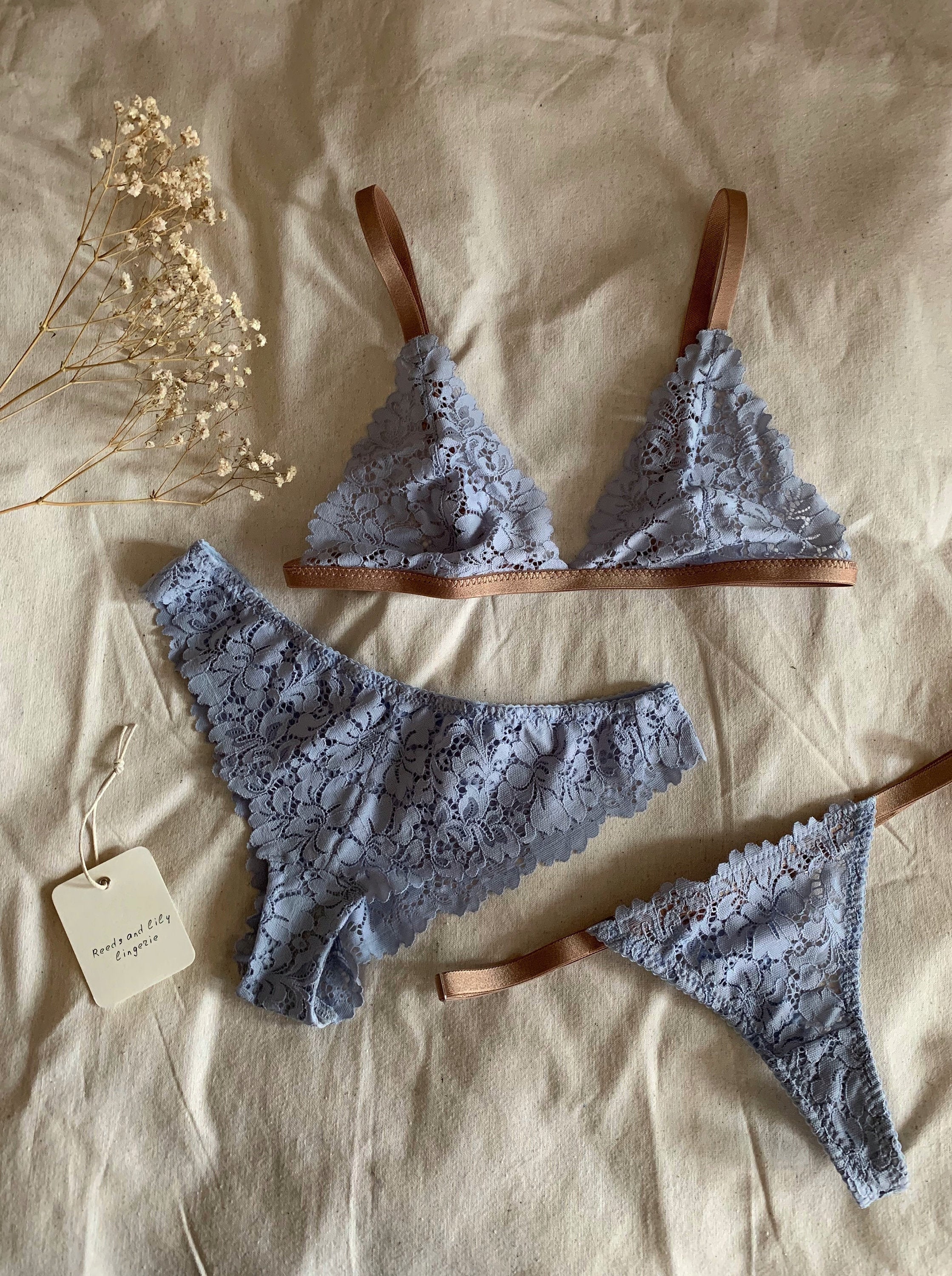 Sexy sky blue lingerie set, Women's tanga bikini and lace bralette, Something blue bridal underwear