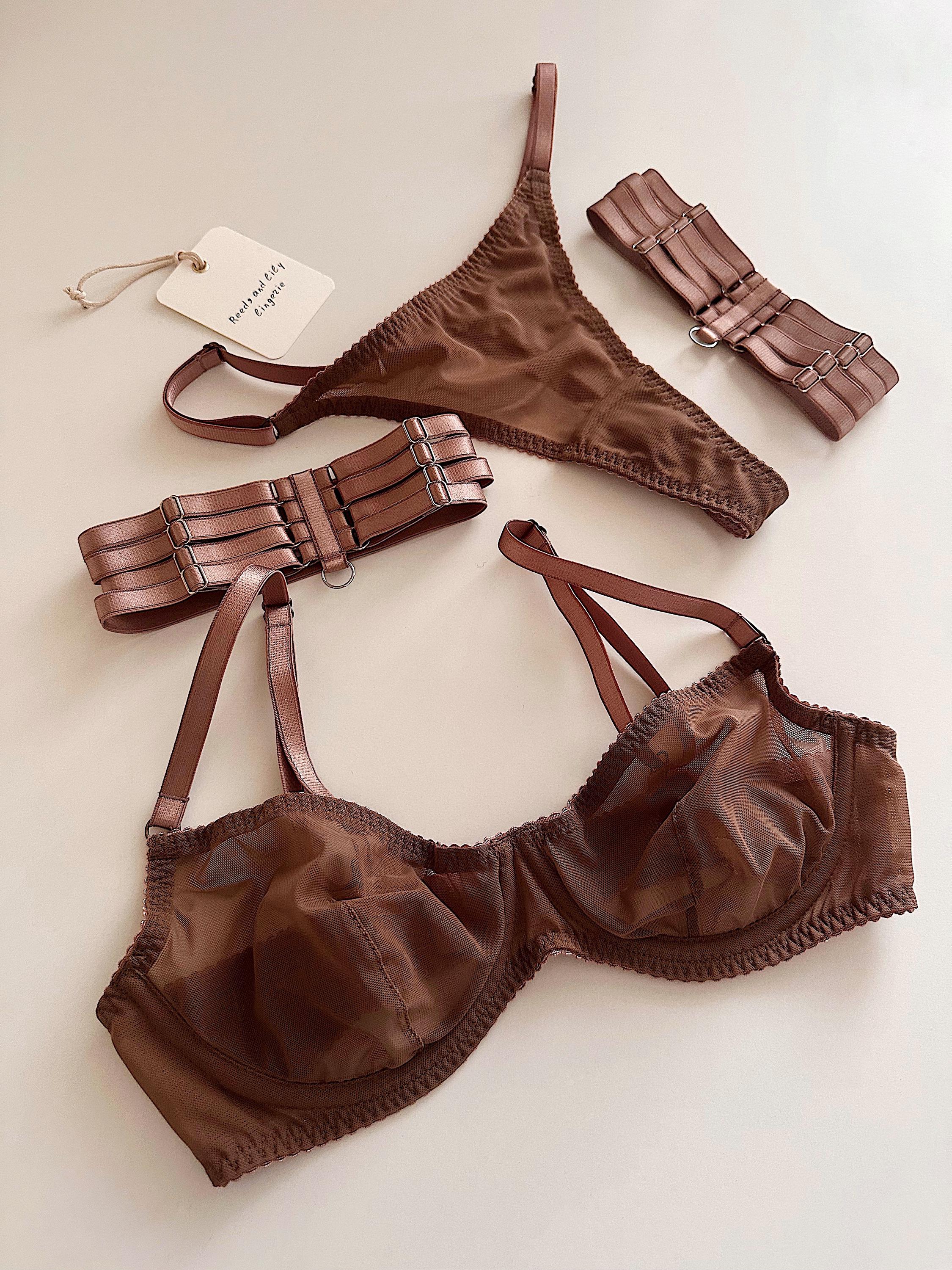 Brown Mesh Lingerie, Sensual Bra and Strappy Thong, Boudoir Garters Set,  Custom Underwear - Etsy